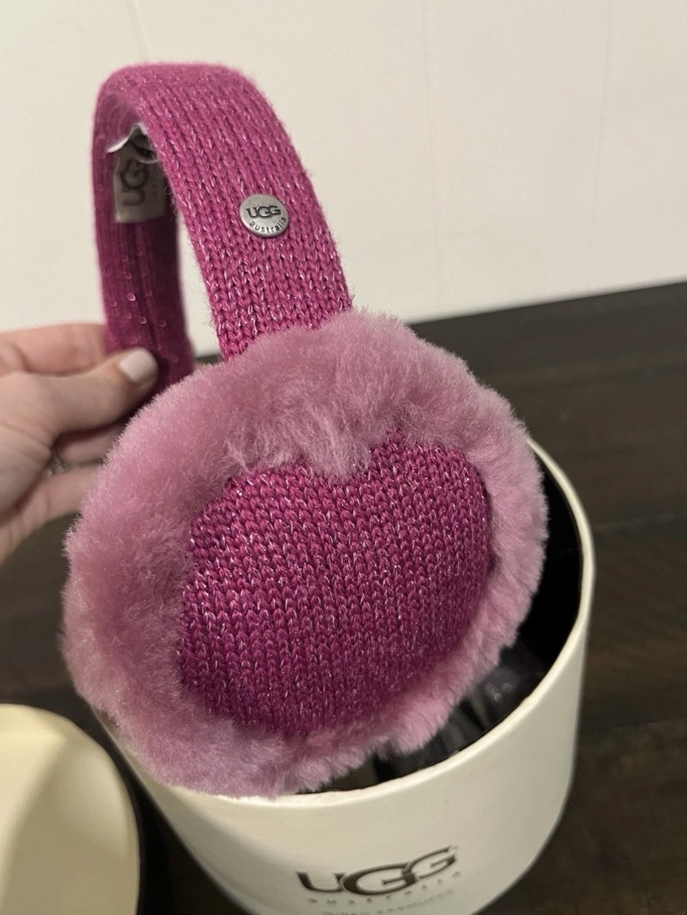 UGG Australia Pink Knit Faux Shearling Wired Earmuffs Headphones w/ Box NWB